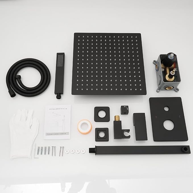 Rainfall Shower System Matte Black Shower Faucet Set with High Pressure 12inch Shower Head Hand Held Square Shower Head Bathroom Luxury Rain Mixer Shower Complete Combo Set Wall Mounted