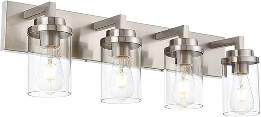 MELUCEE 4 Lights Vanity Light Brushed Nickel Modern Bathroom Lighting Fixtures Over Mirror with Clear Glass Shade, Industrial Wall Lights for Mirror Cabinet Kitchen
