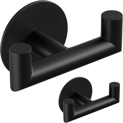 2 Pack Black Bathroom Hooks for Towels - Self Adhesive Double Hooks for Wall, No Drilling, Matte Finish, Strong Hold for Robes, Coats, Shower Use