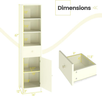 Tangkula 67" Tall Bathroom Cabinet, Narrow Floor Cabinet w/Fluted Door, 3 Open Shelves & 1 Drawer, Freestanding Storage Organizer w/Adjustable Shelf & Anti-tip Kit for Kitchen, Living Room (Beige)