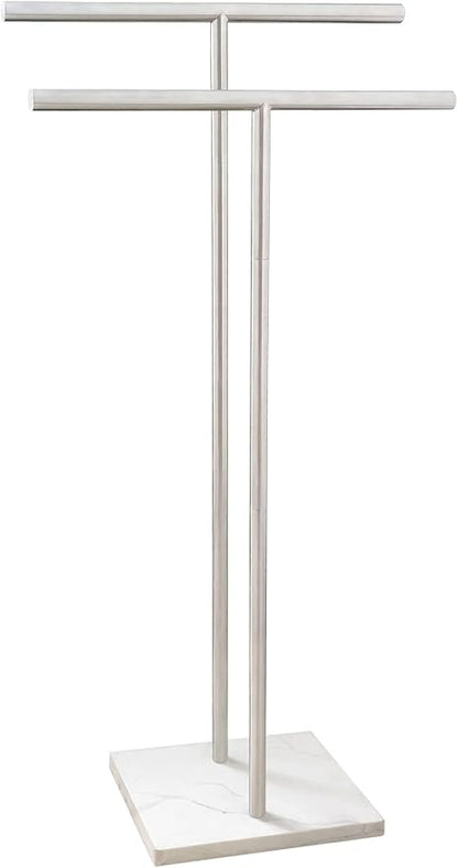 40 Inch Standing Towel Rack Double-T Shape Tall Bath Towel Sheet Holder with Marble Design Base for Bathroom Floor Next to Tub or Shower 2 Tier Towel Holder Stand Stainless Steel Brushed Nickel