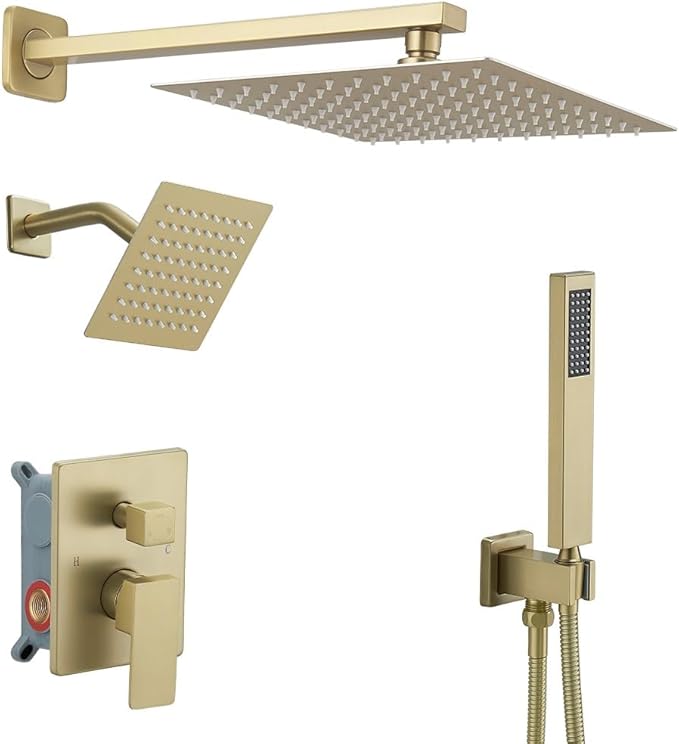 Shower Faucet Set Brushed Gold Shower System, Knob Switch Diverter Shower Faucet with High Pressure Handheld Spray, Wall Mount 10 Inch Shower Head with 6 Inch Wall Mount Shower Head