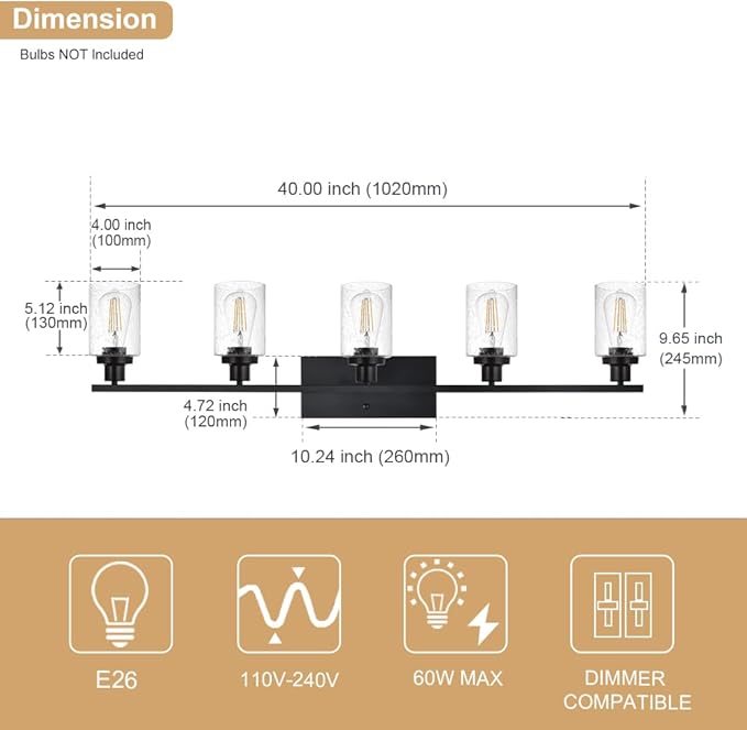 40 Inches Length Black Bathroom Lighting Fixtures, 5-Light Modern Industrial Wall Sconce Vanity Light Fixture with Seeded Glass for Bedroom Over Mirror