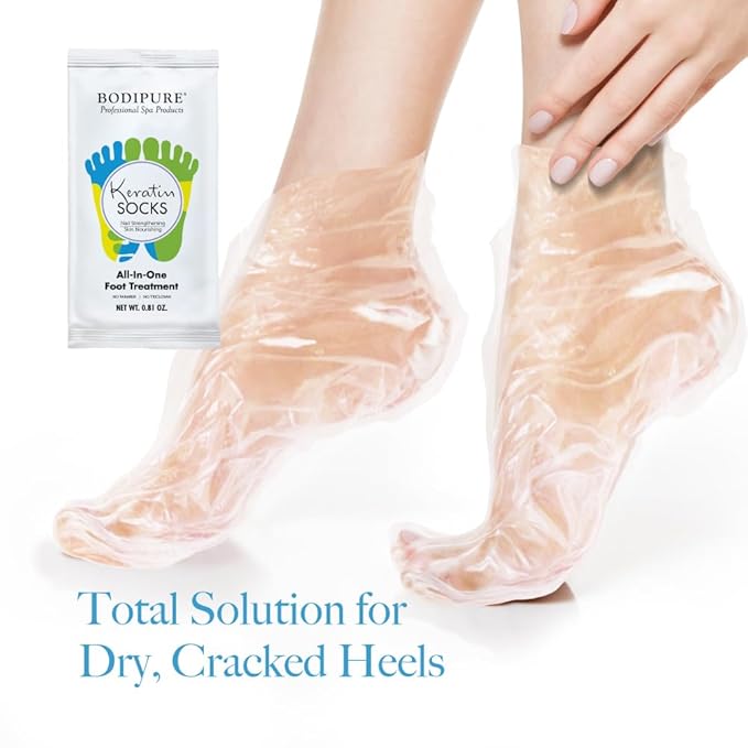 Bodipure All-In-1 Moisturizing Foot Mask, Keratin & Vitamin E Foot Mask for Dry Cracked Feet, Callus & Heel Softening, Easy-to-Use Pedicure Foot Repair, Chemical-free Feet Treatment 12 Pairs