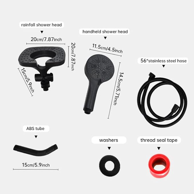 Black Shower Head with Handheld Spray Combo 2 in 1 Rainfall High Pressure with 59" Rotatable Stainless Steel Hose 9 Spray Modes Detachable