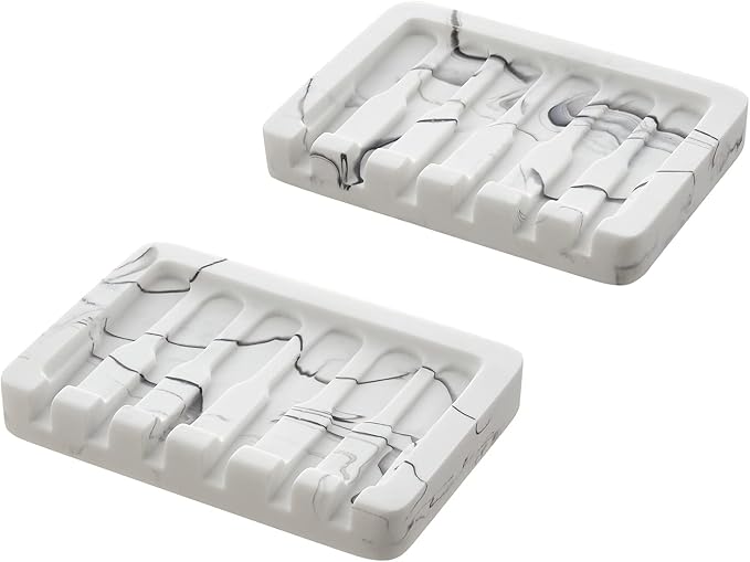 2PCS Self Draining Soap Dish - Marble Look Soap Holder Tray Savers Box Container Sponge Holder for Bathroom Shower Kitchen, White
