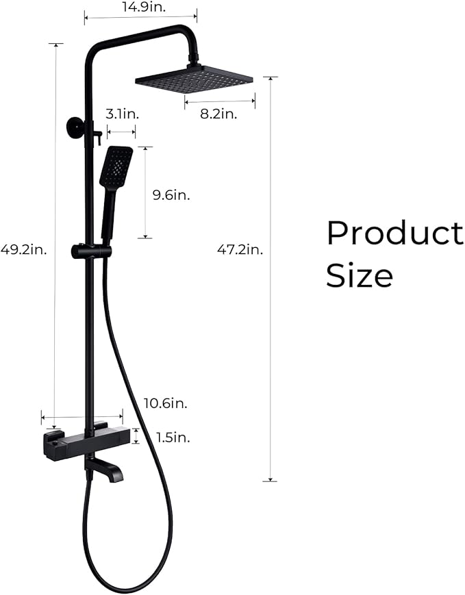 Outdoor Shower Faucet Set 8" Square Shower Head 3 Function Thermostatic Rainfall Shower Fixtures, Handheld Sprayer Tub Spout with Constant Temperature with Height Adjustable Slide Bar