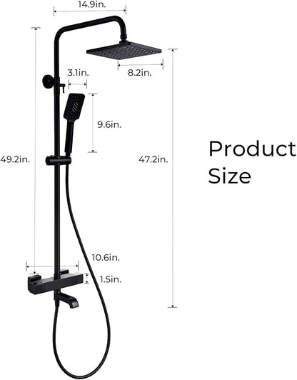 Outdoor Shower Faucet Set 8" Square Shower Head 3 Function Thermostatic Rainfall Shower Fixtures, Handheld Sprayer Tub Spout with Constant Temperature with Height Adjustable Slide Bar
