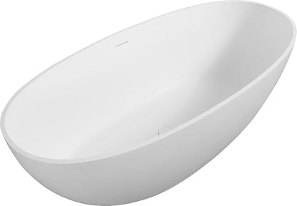 Abruzzo 65" Matte White Freestanding Solid Surface Bathtub, Luxury Handcrafted Stone Resin Freestanding Soaking Bathtub with Overflow and Pop-up Drain