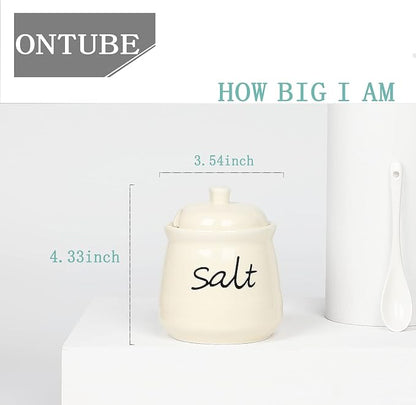 ONTUBE Ceramic Salt Bowl with Lid and Spoon 12oz (Beige)