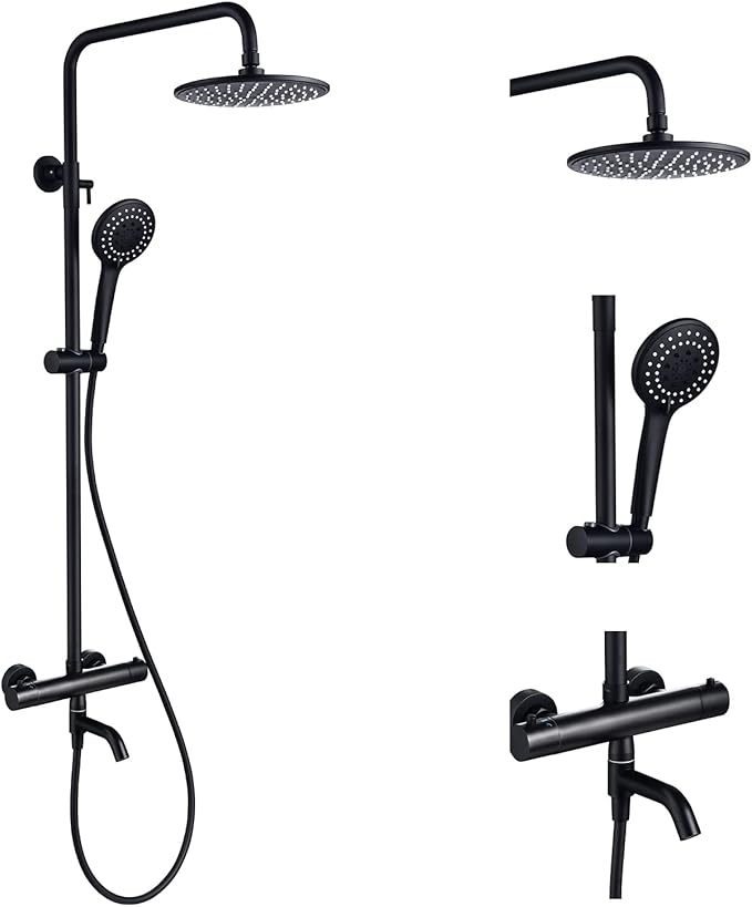 3-Function Thermostatic Outdoor Shower Faucet Set, 8" Round Head Shower, Exposed Pipe Wall Mount with Constant Temperature, Matte Black with Height Adjustable Slide Bar ABS Handheld Sprayer