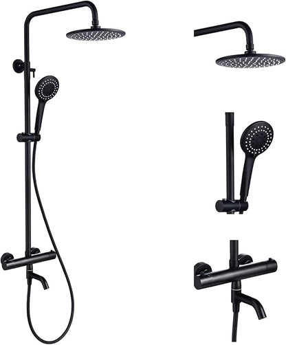 3-Function Thermostatic Outdoor Shower Faucet Set, 8" Round Head Shower, Exposed Pipe Wall Mount with Constant Temperature, Matte Black with Height Adjustable Slide Bar ABS Handheld Sprayer