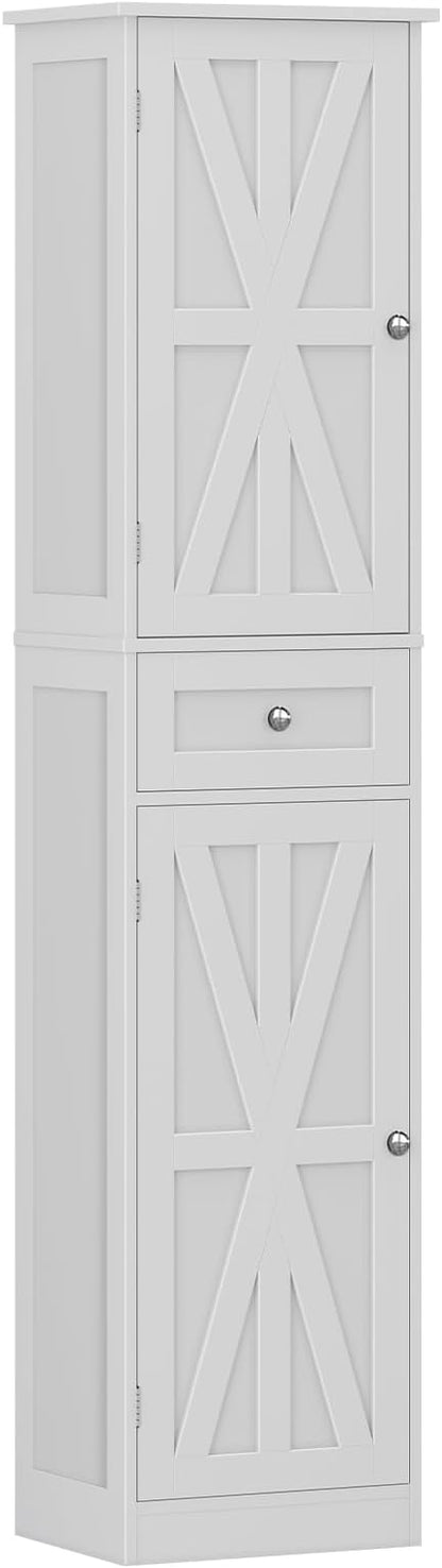 67" H Tall Bathroom Cabinet, Narrow Storage Cabinet with 2 Barn Doors and 1 Drawer, Freestanding Floor Cabinets with 6 Shelves for Bathroom, Living Room, Kitchen, White