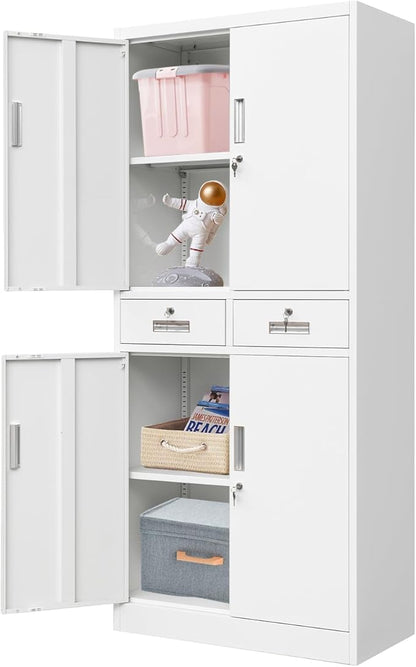 Metal Storage Cabinet, 71 Inch Tall Metal Storage Cabinet with Doors and Shelves, Pantry Cabinets with 2 Drawers for Kitchen Storage, Garage Cabinet for Living, Dining Room, Assemble Required