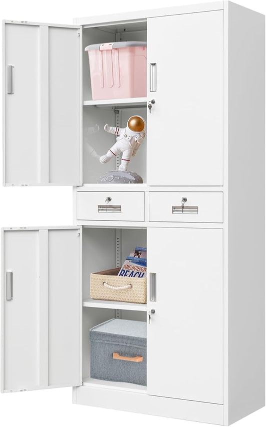 Metal Storage Cabinet, 71 Inch Tall Metal Storage Cabinet with Doors and Shelves, Pantry Cabinets with 2 Drawers for Kitchen Storage, Garage Cabinet for Living, Dining Room, Assemble Required