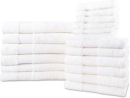 Hencely 18-Piece Bath Towel Set - High Absorbency, Quick Drying - 100% Soft Turkish Cotton - 6 Bath Towels, 6 Hand Towels, 6 Washcloths - for Bathroom, Home, Hotel, Spa, and Gym - 18-Pack White