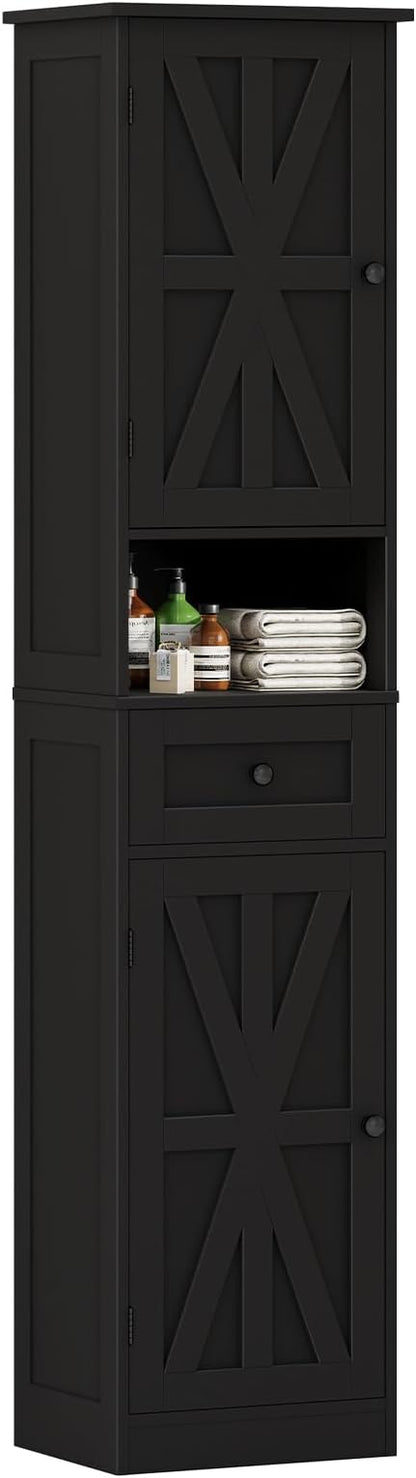 67" H Tall Bathroom Cabinet, Narrow Storage Cabinet with 2 Barn Doors and 1 Drawer, Freestanding Floor Cabinets with 5 Shelves and Open Storage Shelf for Bathroom, Living Room, Kitchen, Black