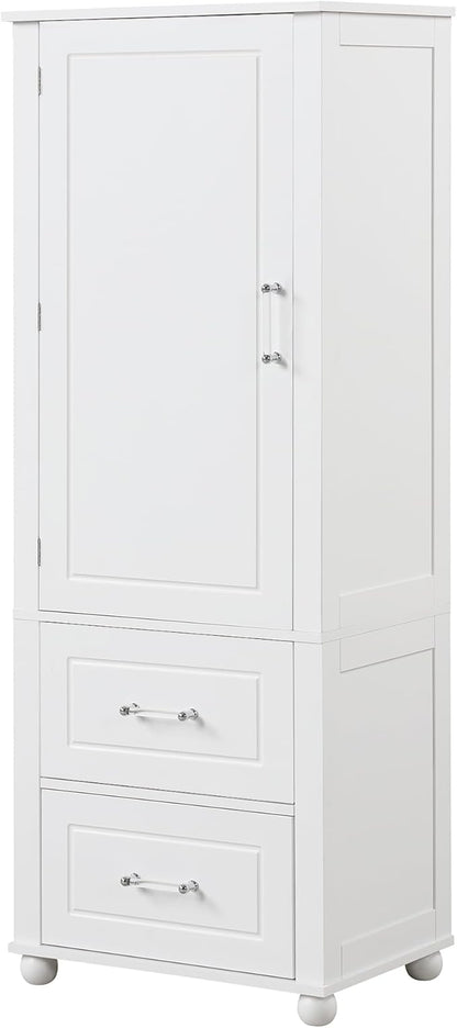 Tall Bathroom Storage Cabinet with Door and Shelves, Kitchen Pantry Linen with 2 Drawers for Home, Living Room, Dining Room, White