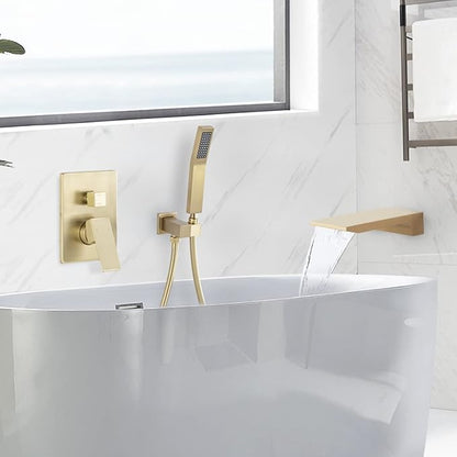 Wall Mount Roman Tub Filler Faucet Single Handle Bathroom Bathtub Faucet with Hand Sprayer Waterfall Tub Faucet with Hand Shower, Brushed Gold
