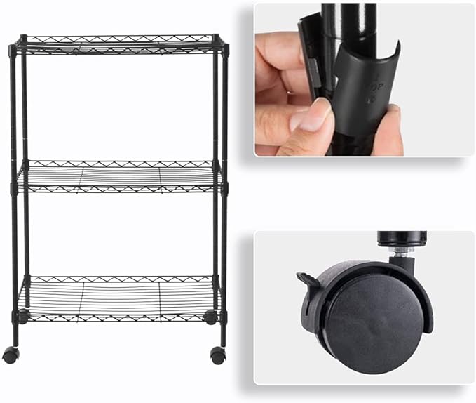 3 Tier Storage Racks Shelving, Heavy Steel Pantry Shelves, Adjustable Wire Shelving Rack with Wheels, Suitable for Garage, Kitchens, Offices, 19.7" W x 9.8" D x 28" H, Black