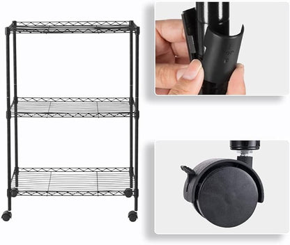 3 Tier Storage Racks Shelving, Heavy Steel Pantry Shelves, Adjustable Wire Shelving Rack with Wheels, Suitable for Garage, Kitchens, Offices, 19.7" W x 9.8" D x 28" H, Black