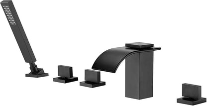 Waterfall Roman Tub Faucet Matte Black Deck Mount Bath Tub Filler with Hand Shower,High Flow,SUMERAIN