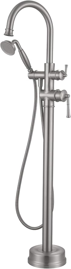 Freestanding Bathtub Faucet, Floor Mount Tub Faucet Brushed Nickel High Flow Tub Filler, Roman Tub Faucet with Antique Handheld, Swivel Gooseneck Spout Shower Mixer Taps (B2311-BN)