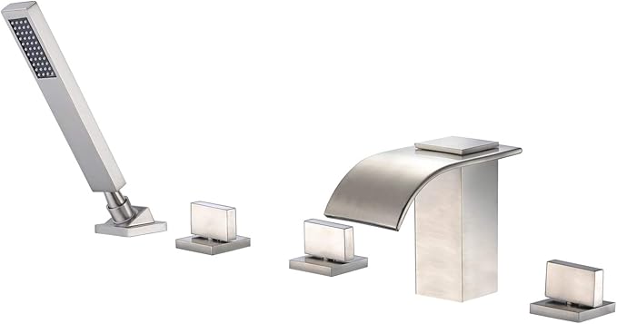Roman Tub Faucet with Hand Shower, Waterfall Tub Filler Deck Mount Brushed Nickel, SUMERAIN