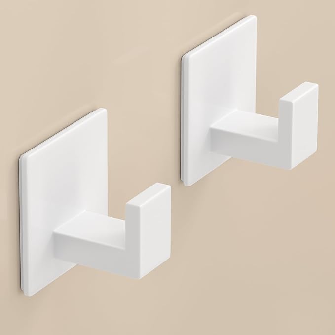 Adhesive Shower Hooks, Towel Hooks for Hanging Robe, Coat, Hat, Loofah, Heavy Duty Wall Hooks Stick on Bathroom, Kitchen and Office (2 Pack, White)