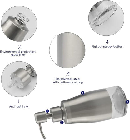 Gaussra Kitchen Soap Dispenser Set with Silicone Tray and Stickers - Brushed Nickel, Stainless Steel Glass Soap Dispenser Bathroom, Refillable Hand Dish Dispenser for Kitchen Sink