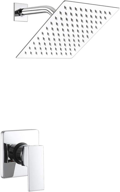 POP SANITARYWARE Single Function Shower Trim Kit with Rough-in Valve, Bathroom Rain Shower Set Bath Rainfall Shower Faucet System with Square Stainless Steel Metal Showerhead, Polished Chrome