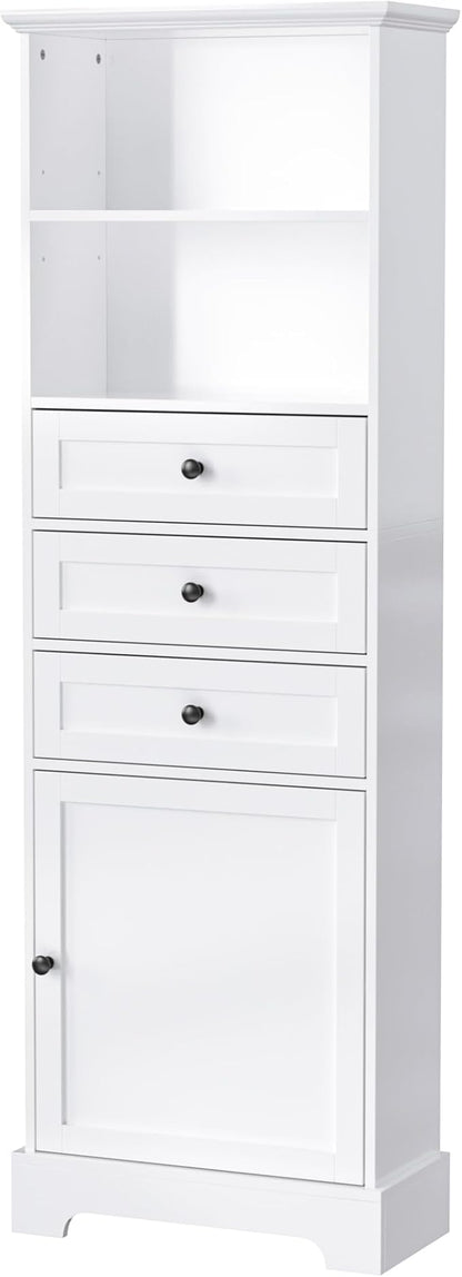 Favfurish 67" Tall Bathroom Storage Cabinet with Door and 3 Drawers,Modern Linen Cabinets w/Adjustable Shelf & 2-Tier Open Shelves,Freestanding Organizer for Bath Room,Study,Office,White