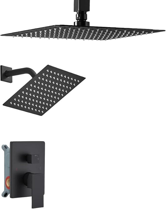 Shower Faucet Set Matte Black Shower System, Ceiling Mount 10 Inch Shower Head with 6 Inch Wall Mount Shower Head, Knob Switch Diverter Shower Faucet, Rough-in Valve Body and Trim Included