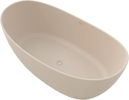 SJ STAR&JANE 65" Solid Surface Freestanding Bathtub Stone Resin Soaking Tub Milk Coffee Double Slippers Stand Alone Oval Tub with Pop-up Drain and Overflow for Bathroom