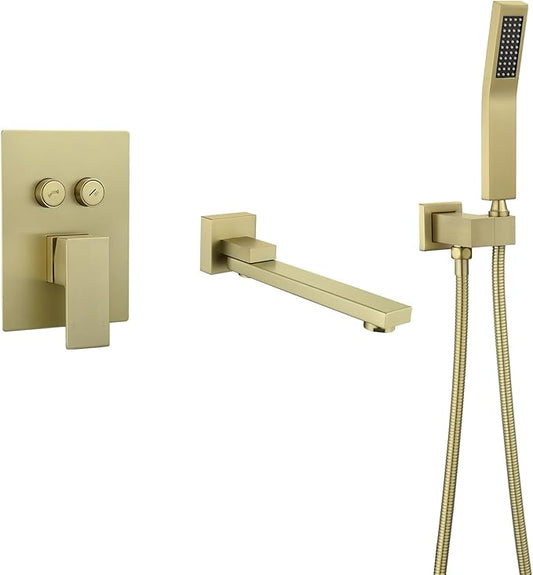 Wall Mount Bathtub Faucet Set Included 180°Swivel bathroom Tub Filler faucets and handheld Shower，high Flow Tub Spout with Solid Brass Push-button Diverter Pressure Balance Valve,Brushed Gold