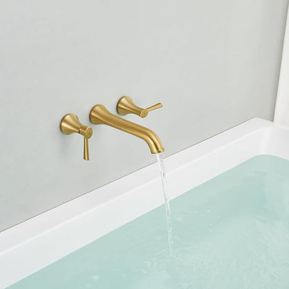 Wall Mount Tub Filler Brass Tub Faucet Brushed Gold Bathroom Bathtub Faucets with 2 Handles