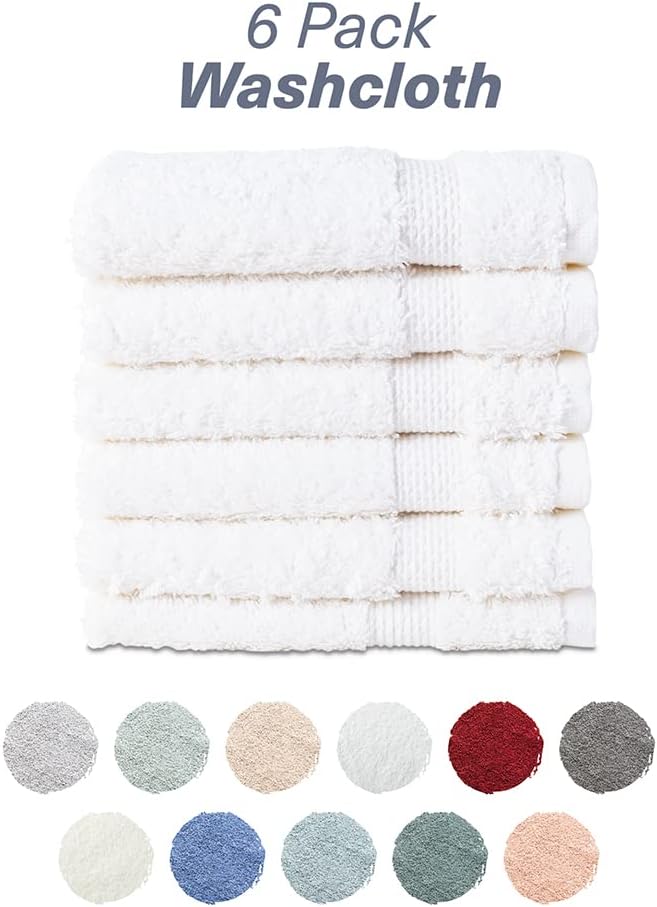 Hencely Premium 6-Pack Washcloths 12x12 Inches Soft Turkish Cotton High Absorbent and Quick Dry Dishtowel for Kitchen and Bath (Wash Cloth 6 Pack, White)