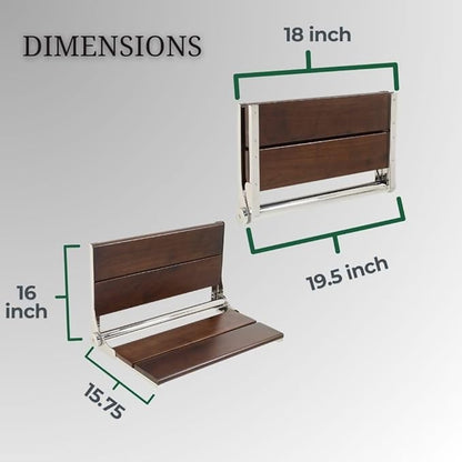Folding Shower Seat Wall Mounted with Back | 500 lbs Maximum Load Capacity | ADA Compliant Safety Assist Teak Shower Seat for Seniors, Handicapped, and Children | 304 Stainless Steel Frame | 18” x 16”