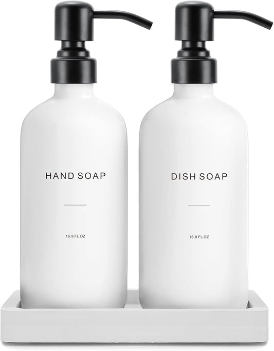 Kitchen Soap Dispenser Set, White Soap Dispenser with Black Stainless Steel Pump, Perfect for Modern Kitchen Decor. (White)