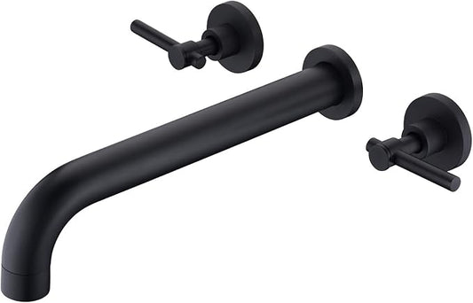 Wall Mount Tub Filler Matte Black Tub Faucet High Flow Two Handles Solid Brass, Long Spout Reach, sumerain