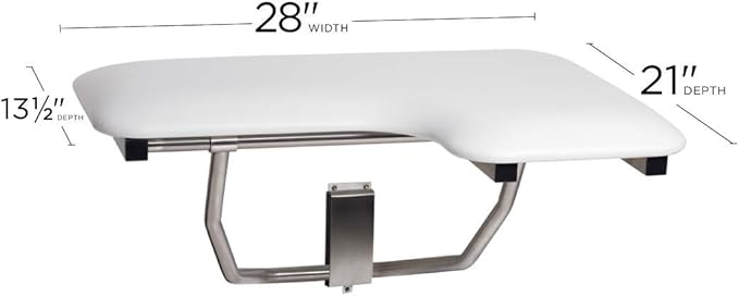 Seachrome Lift-Assist Shower Seat, L-Shaped Left-Hand, ADA, Wall Mount, Padded White Naugahyde