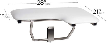 Seachrome Lift-Assist Shower Seat, L-Shaped Left-Hand, ADA, Wall Mount, Padded White Naugahyde