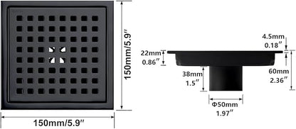 RANDOM Matte Black Square Shower Drain 6 Inch Drain Cover 304 Stainless Steel Floor Drain Grate with Removable Hair Strainer,6" Black Shower Drain