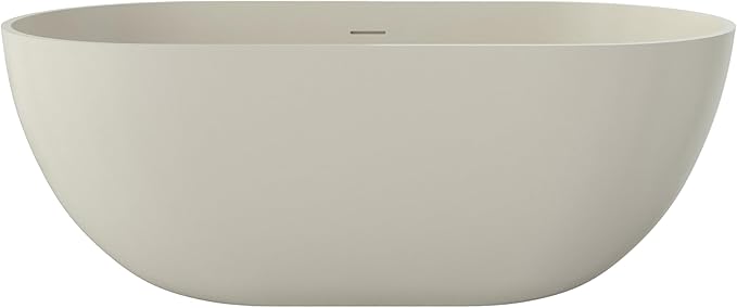 Premium 59" Warm Grey Solid Surface Free Standing Bathtub, Upgraded Oval Resin Stone Tub with Overflow and Pop-up Drain