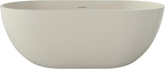 Premium 59" Warm Grey Solid Surface Free Standing Bathtub, Upgraded Oval Resin Stone Tub with Overflow and Pop-up Drain