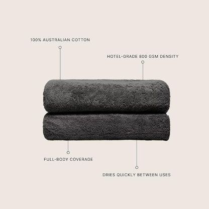 Italic Ultraplush 100% Australian Cotton Towels - Set of 2 Luxury Bath Towels, Quick Dry Plush and Absorbent, Heavy Duty Large Bath Towels, 800GSM Towels for Bathroom & Spa (Charcoal)