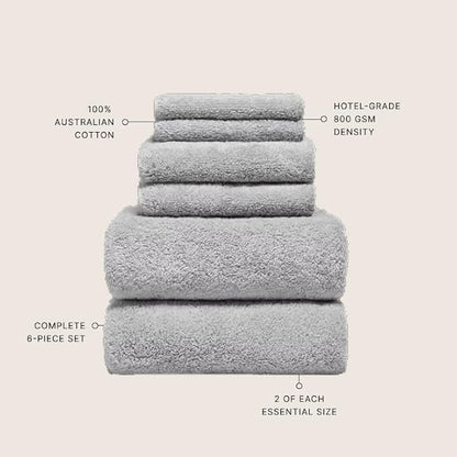 Italic Ultraplush 100% Australian Cotton Towels Standard 6 Piece Set, 2 Bath, 2 Hand, 2 Washcloths, 800GSM Lightweight, Highly Absorbent Quick Dry Soft Resort Grade Towels (Light Gray)