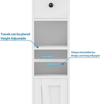 Tall Bathroom Storage Cabinet with Adjustable Shelves, Narrow Storage Cabinet with 2 Doors, Drawer, Toilet Paper Holder, Slim Storage Cabinet for Small Space, Kitchen, Laundry, Entryway, White