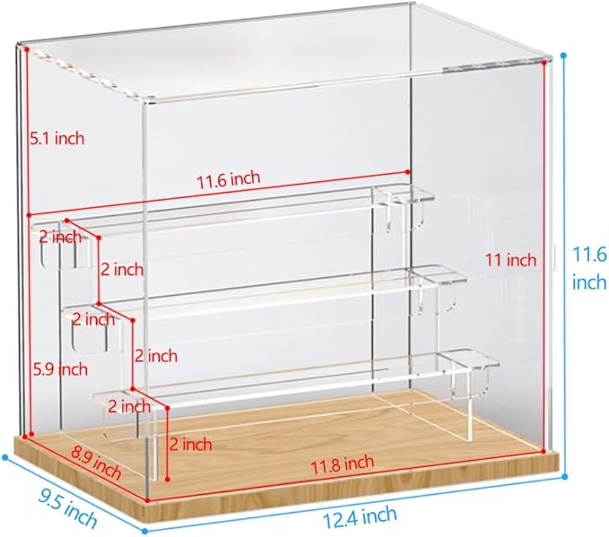Choowin 4 Tier Clear Acrylic Display Case for Collectibles, Mini Figures, Pop Mart, Labubu, Sonny Angel, Smiski - Assemble Dustproof Acrylic Display Box with Door, Stand (Wood Base, Clear Step)