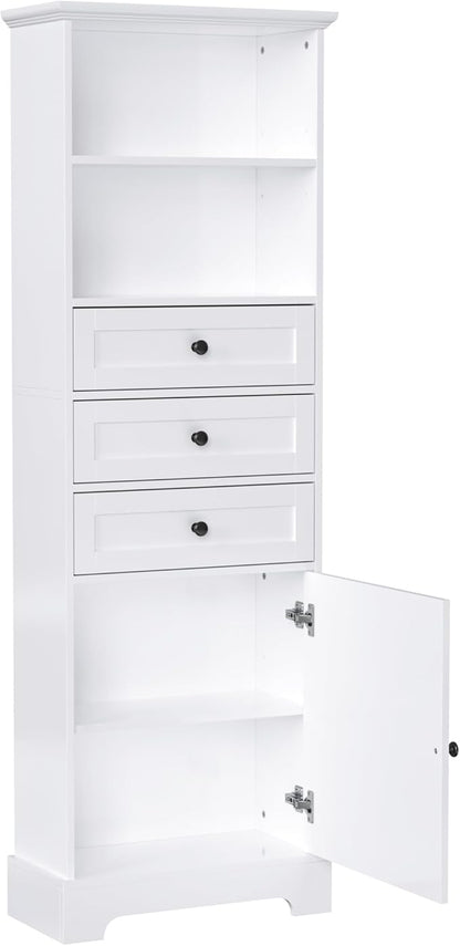 Favfurish 67" Tall Bathroom Storage Cabinet with Door and 3 Drawers,Modern Linen Cabinets w/Adjustable Shelf & 2-Tier Open Shelves,Freestanding Organizer for Bath Room,Study,Office,White